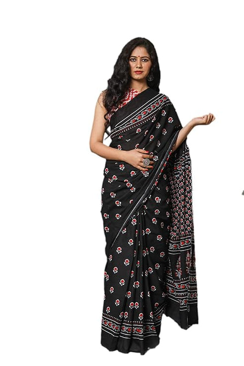 Jalther Handicrafts Women'S Ikat Hand Block Print Jaipuri Cotton Mulmul Saree